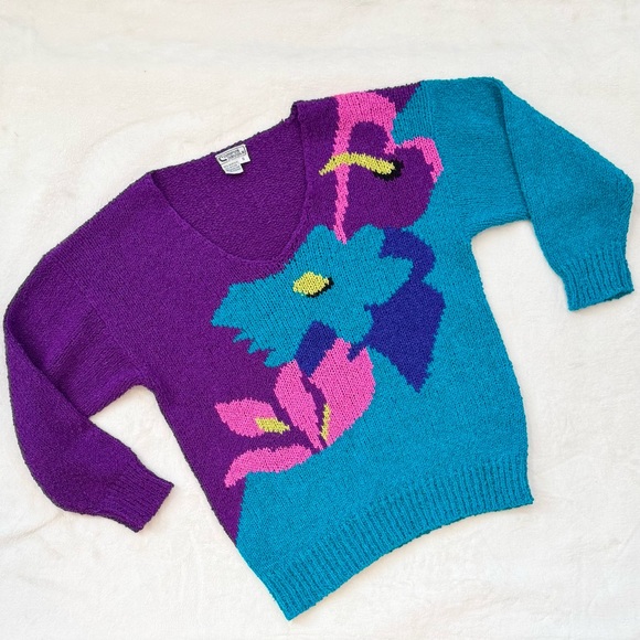 Vintage 80s Campus Casuals Teal Purple Knit Bold Floral Pullover Top Sweater S - Picture 2 of 8